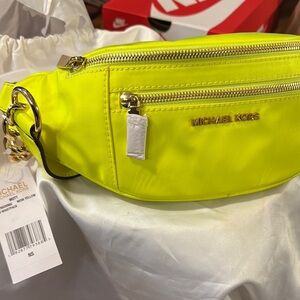 Michael Kors Lime Green Crossbody Bag with Silver Hardware and Zippers